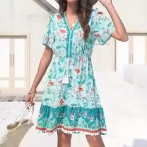 KYL Summer Boho Beach  Short Sleeve Flowy Ruffle Boho Floral Dress Size M